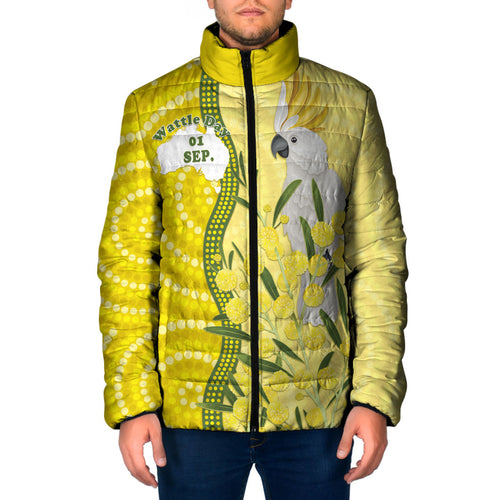 Australia Wattle Day Padded Jacket Sulphur-crested Cockatoo Aboriginal Pattern