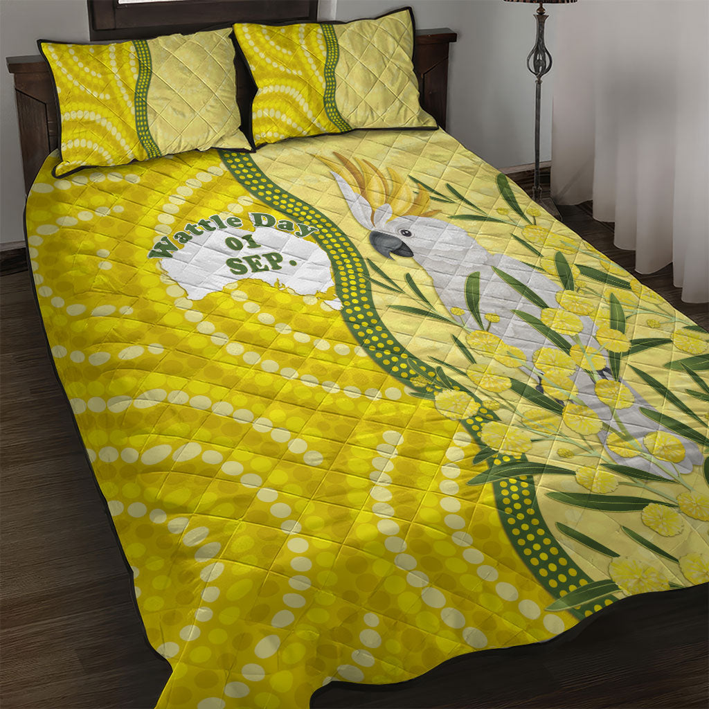 Australia Wattle Day Quilt Bed Set Sulphur-crested Cockatoo Aboriginal Pattern