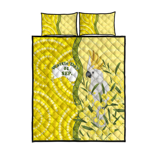 Australia Wattle Day Quilt Bed Set Sulphur-crested Cockatoo Aboriginal Pattern