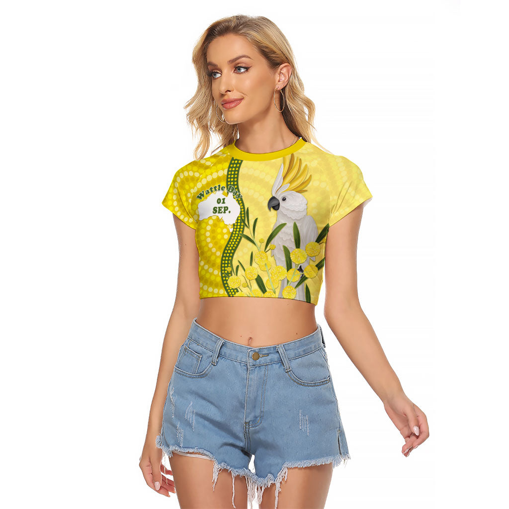 Australia Wattle Day Raglan Cropped T Shirt Sulphur-crested Cockatoo Aboriginal Pattern