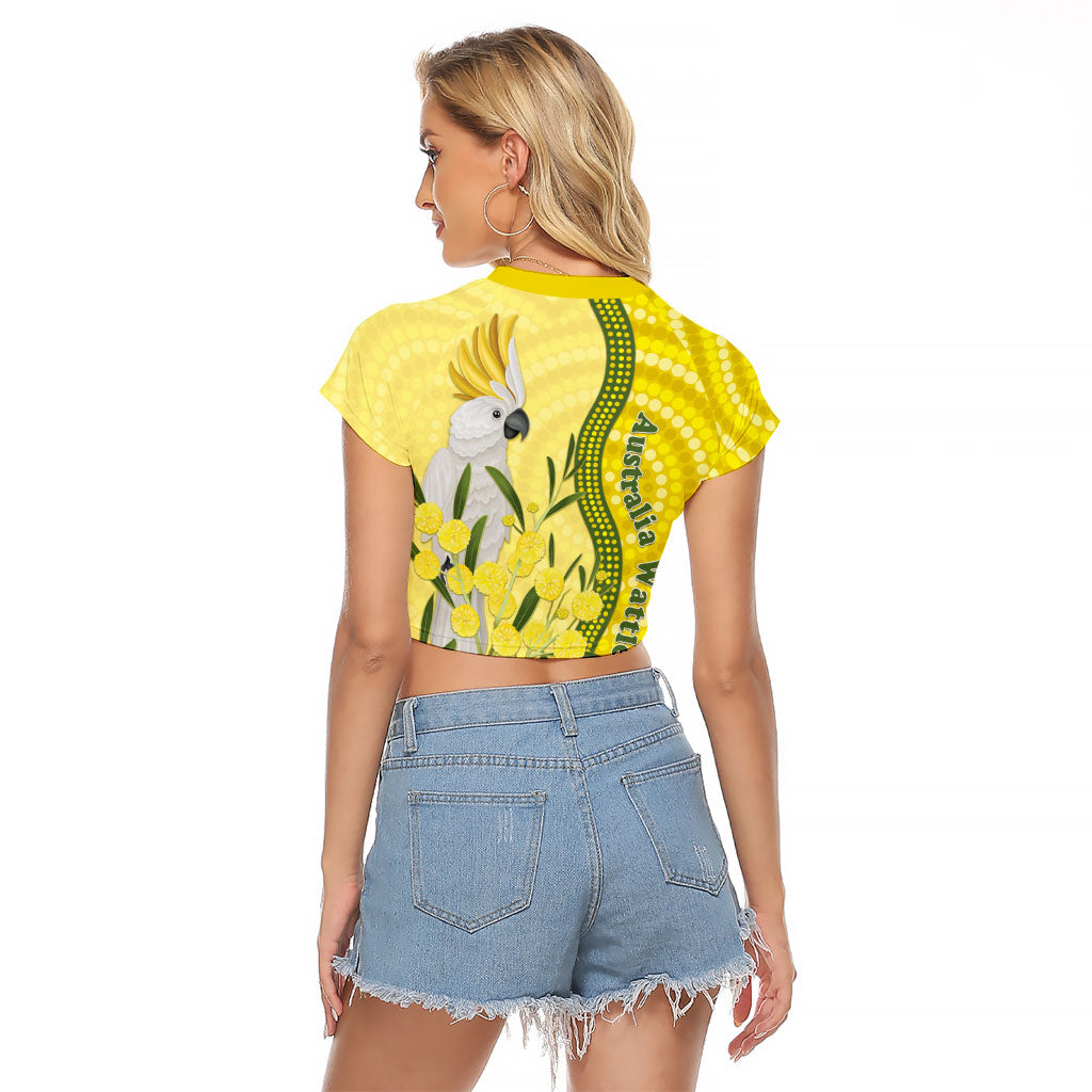 Australia Wattle Day Raglan Cropped T Shirt Sulphur-crested Cockatoo Aboriginal Pattern
