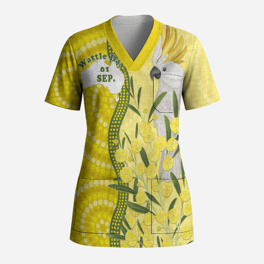 Australia Wattle Day Scrub Top Sulphur-crested Cockatoo Aboriginal Pattern