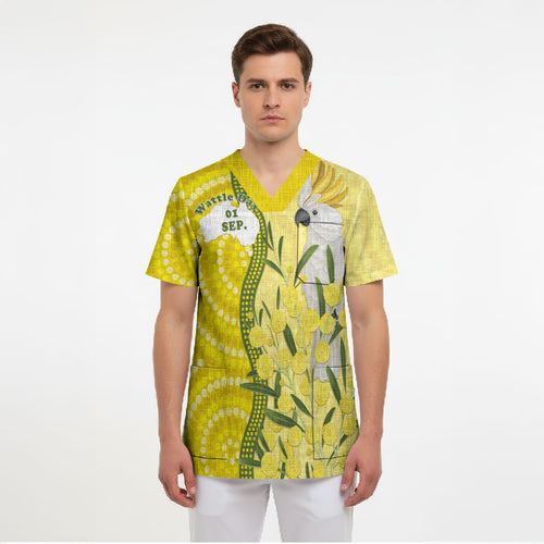 Australia Wattle Day Scrub Top Sulphur-crested Cockatoo Aboriginal Pattern