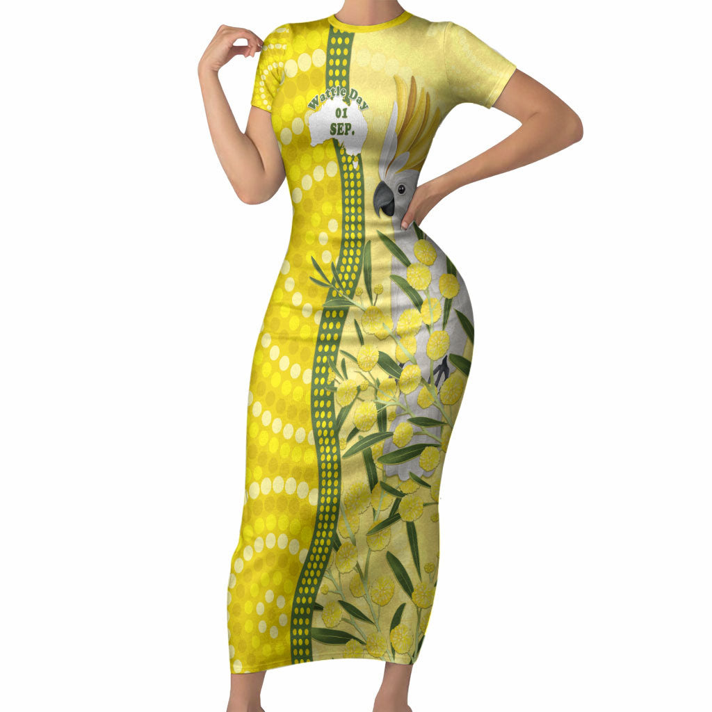 Australia Wattle Day Short Sleeve Bodycon Dress Sulphur-crested Cockatoo Aboriginal Pattern