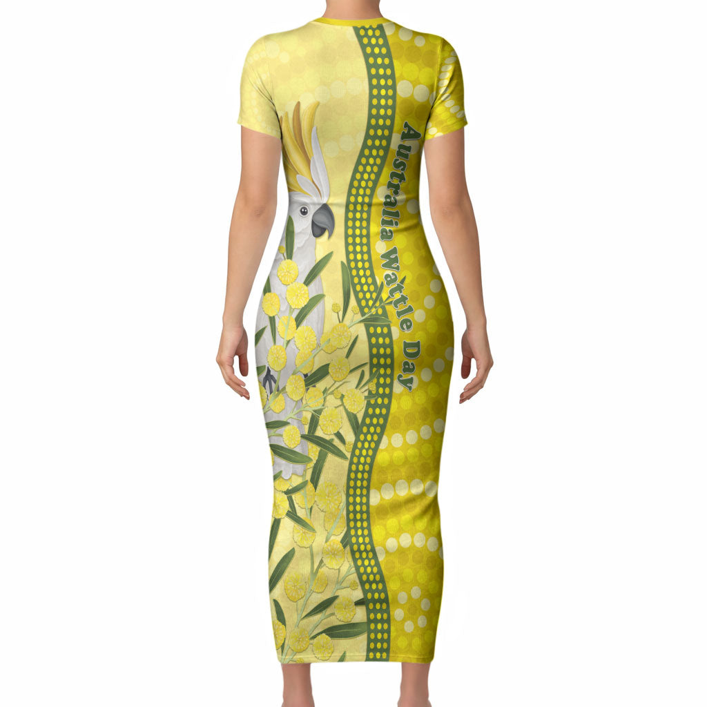 Australia Wattle Day Short Sleeve Bodycon Dress Sulphur-crested Cockatoo Aboriginal Pattern