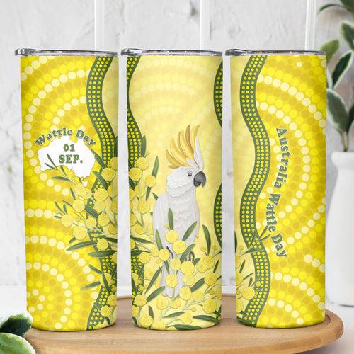 Australia Wattle Day Skinny Tumbler Sulphur-crested Cockatoo Aboriginal Pattern