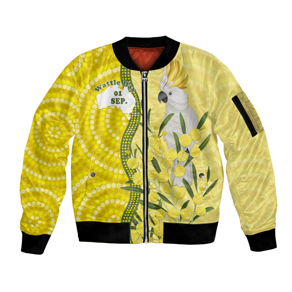 Australia Wattle Day Sleeve Zip Bomber Jacket Sulphur-crested Cockatoo Aboriginal Pattern
