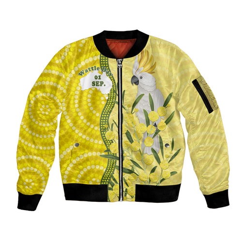 Australia Wattle Day Sleeve Zip Bomber Jacket Sulphur-crested Cockatoo Aboriginal Pattern