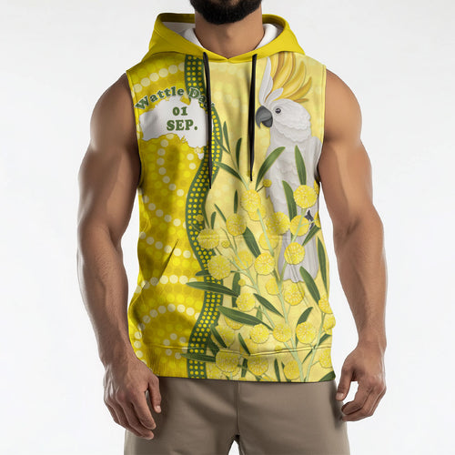 Australia Wattle Day Sleeveless Hoodie Sulphur-crested Cockatoo Aboriginal Pattern