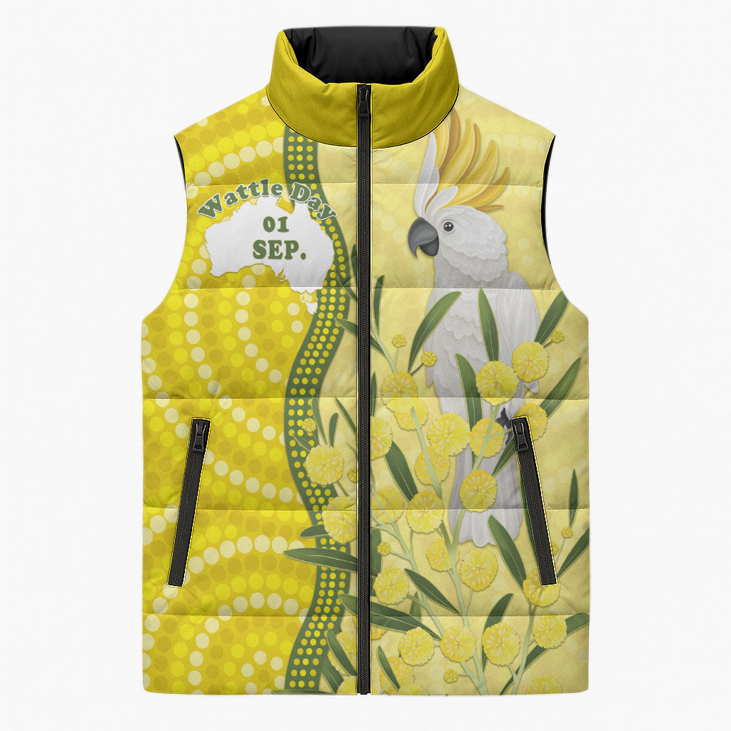 Australia Wattle Day Sleeveless Puffer Jacket Sulphur-crested Cockatoo Aboriginal Pattern