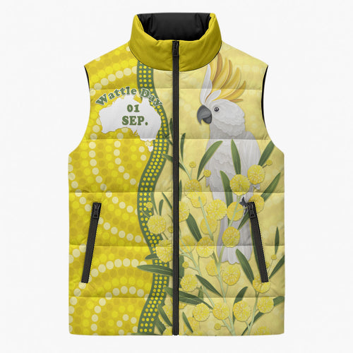 Australia Wattle Day Sleeveless Puffer Jacket Sulphur-crested Cockatoo Aboriginal Pattern