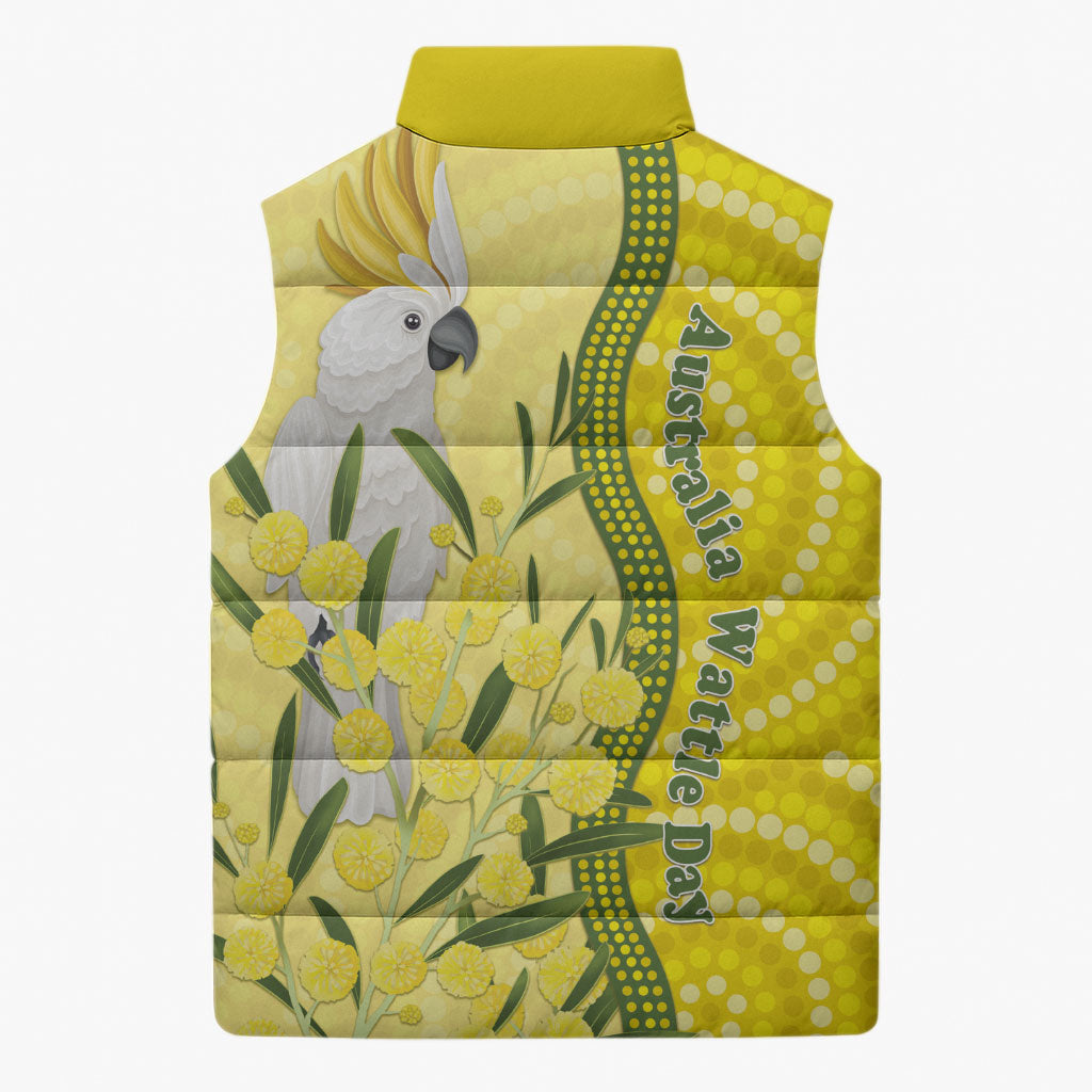 Australia Wattle Day Sleeveless Puffer Jacket Sulphur-crested Cockatoo Aboriginal Pattern