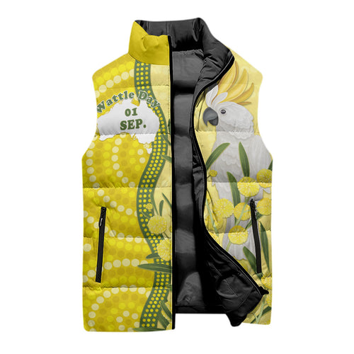 Australia Wattle Day Sleeveless Puffer Jacket Sulphur-crested Cockatoo Aboriginal Pattern
