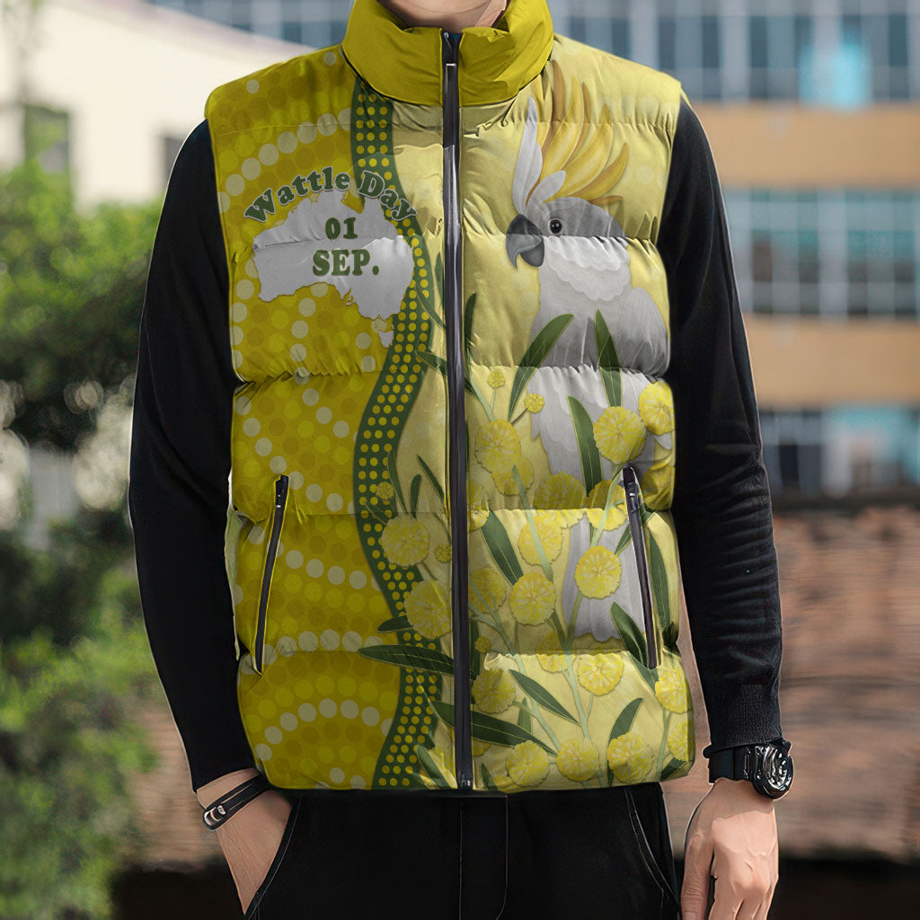 Australia Wattle Day Sleeveless Puffer Jacket Sulphur-crested Cockatoo Aboriginal Pattern