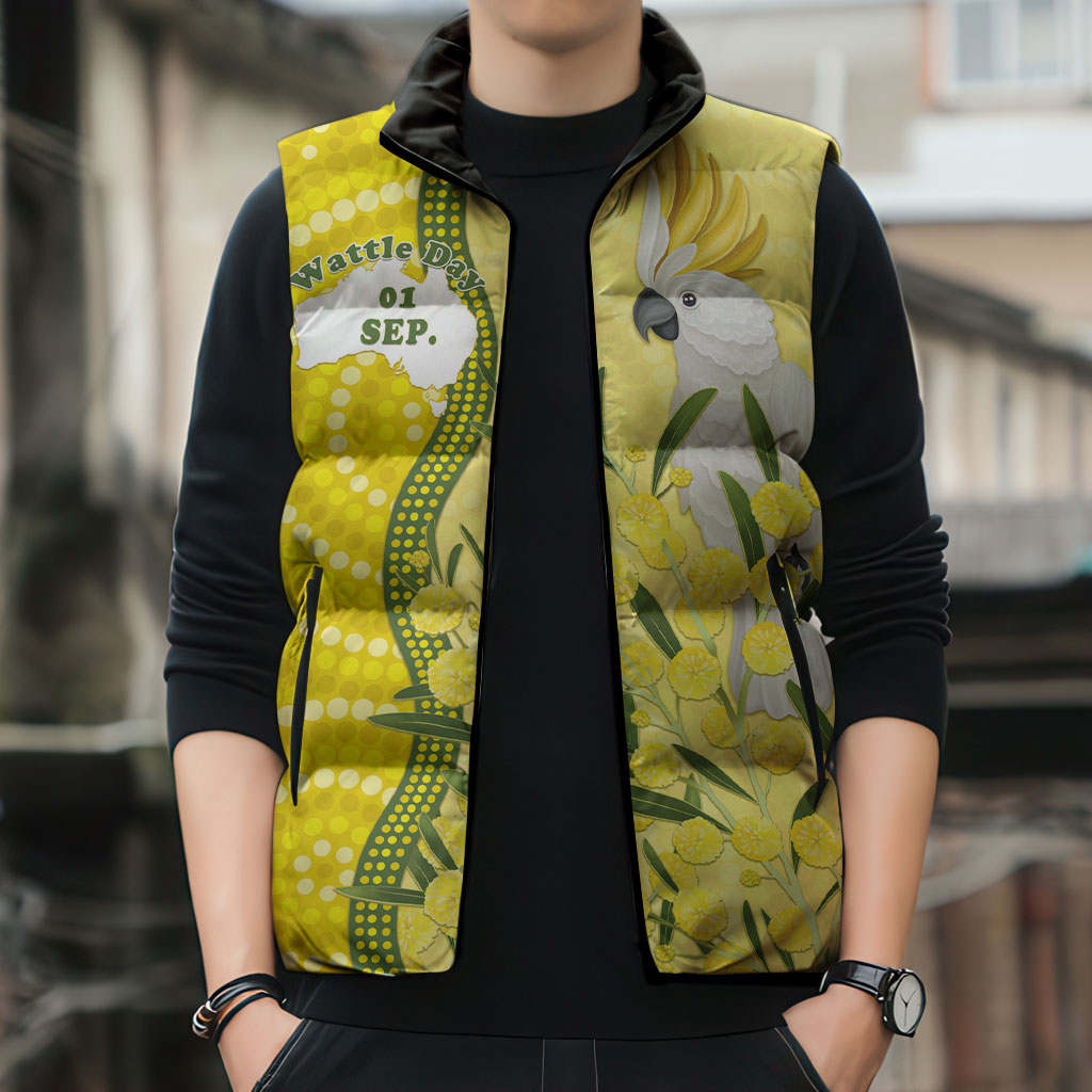 Australia Wattle Day Sleeveless Puffer Jacket Sulphur-crested Cockatoo Aboriginal Pattern