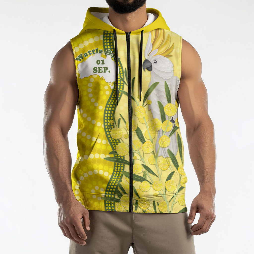 Australia Wattle Day Sleeveless Zip Hoodie Sulphur-crested Cockatoo Aboriginal Pattern