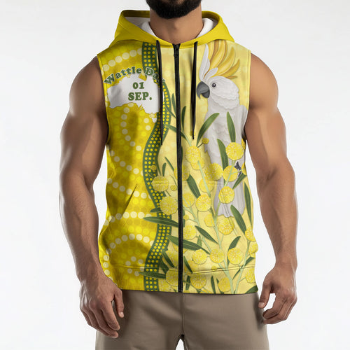 Australia Wattle Day Sleeveless Zip Hoodie Sulphur-crested Cockatoo Aboriginal Pattern