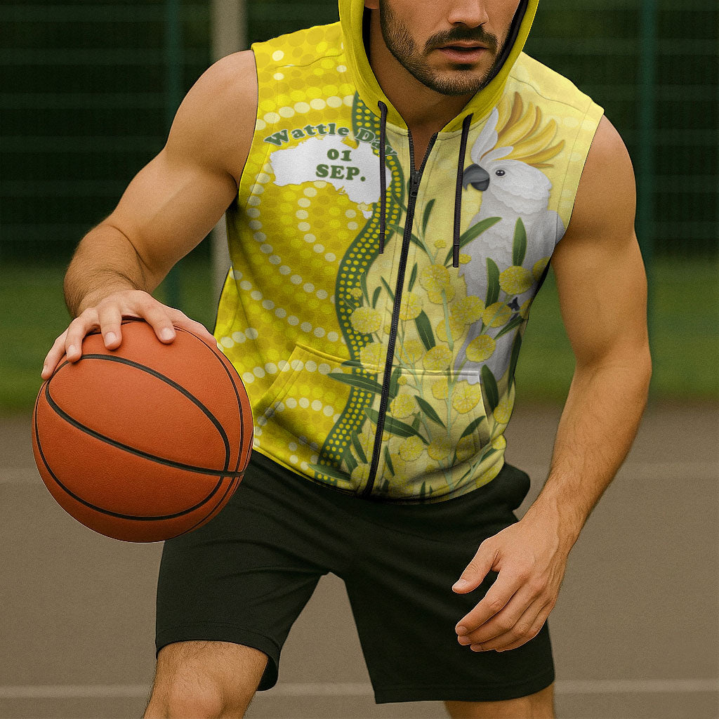 Australia Wattle Day Sleeveless Zip Hoodie Sulphur-crested Cockatoo Aboriginal Pattern