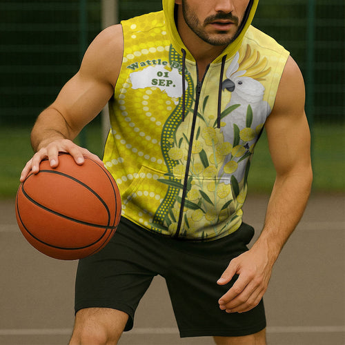 Australia Wattle Day Sleeveless Zip Hoodie Sulphur-crested Cockatoo Aboriginal Pattern