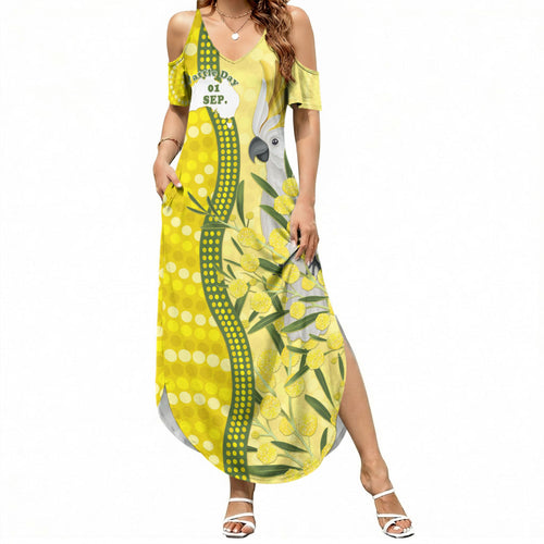 Australia Wattle Day Summer Maxi Dress Sulphur-crested Cockatoo Aboriginal Pattern