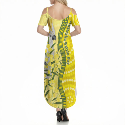 Australia Wattle Day Summer Maxi Dress Sulphur-crested Cockatoo Aboriginal Pattern