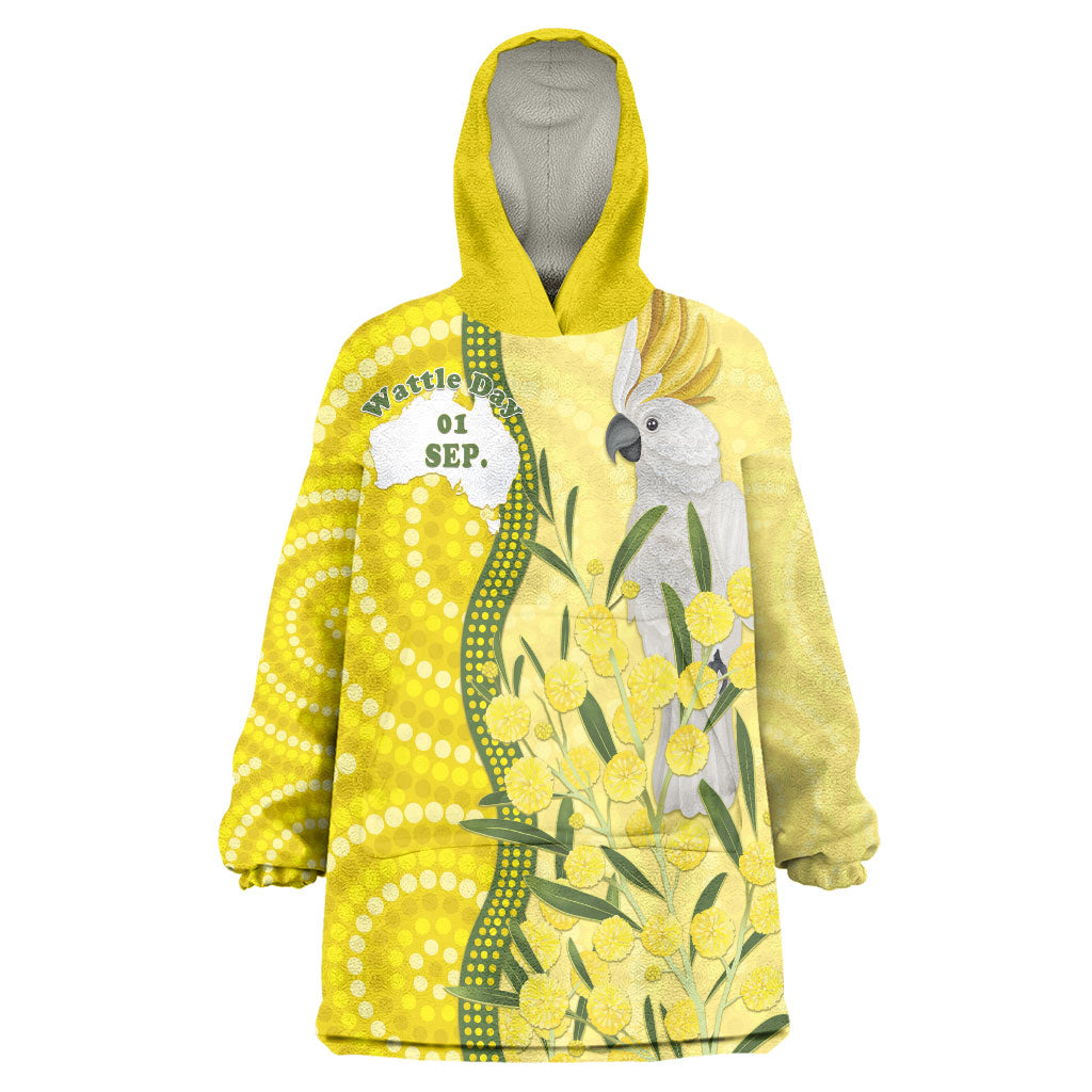 Australia Wattle Day Wearable Blanket Hoodie Sulphur-crested Cockatoo Aboriginal Pattern