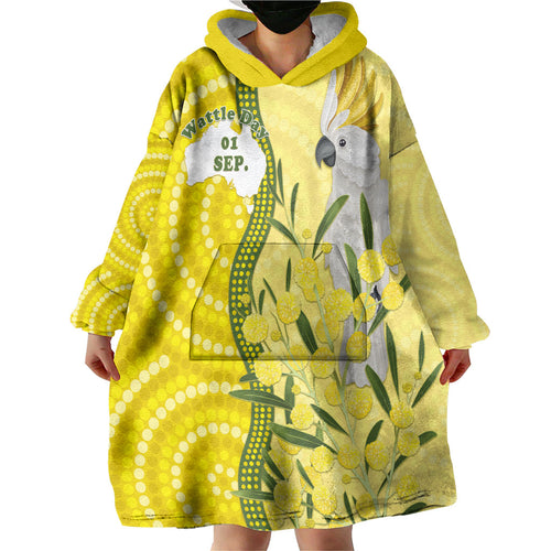 Australia Wattle Day Wearable Blanket Hoodie Sulphur-crested Cockatoo Aboriginal Pattern