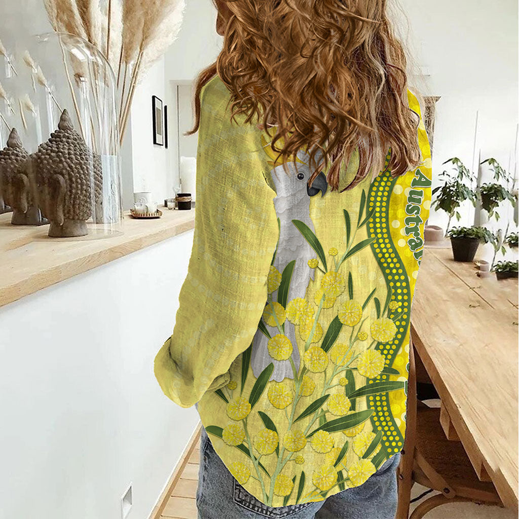 Australia Wattle Day Women Casual Shirt Sulphur-crested Cockatoo Aboriginal Pattern