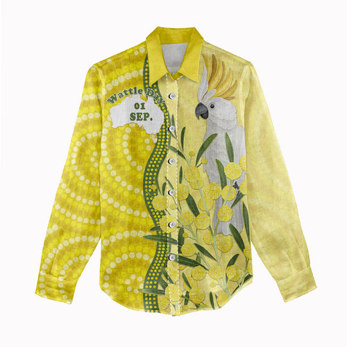 Australia Wattle Day Women Casual Shirt Sulphur-crested Cockatoo Aboriginal Pattern