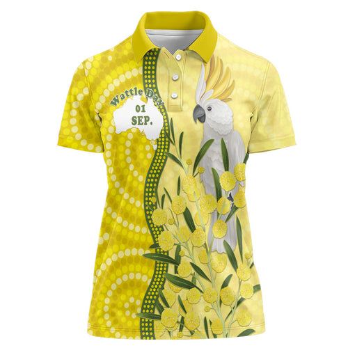 Australia Wattle Day Women Polo Shirt Sulphur-crested Cockatoo Aboriginal Pattern