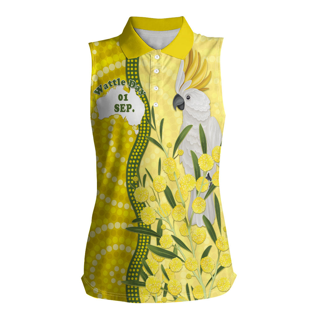 Australia Wattle Day Women Sleeveless Polo Shirt Sulphur-crested Cockatoo Aboriginal Pattern