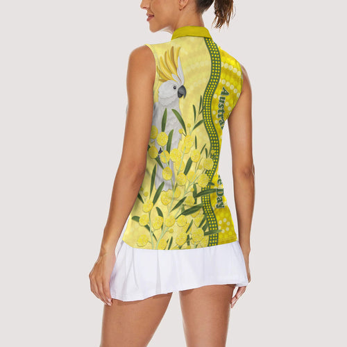 Australia Wattle Day Women Sleeveless Polo Shirt Sulphur-crested Cockatoo Aboriginal Pattern