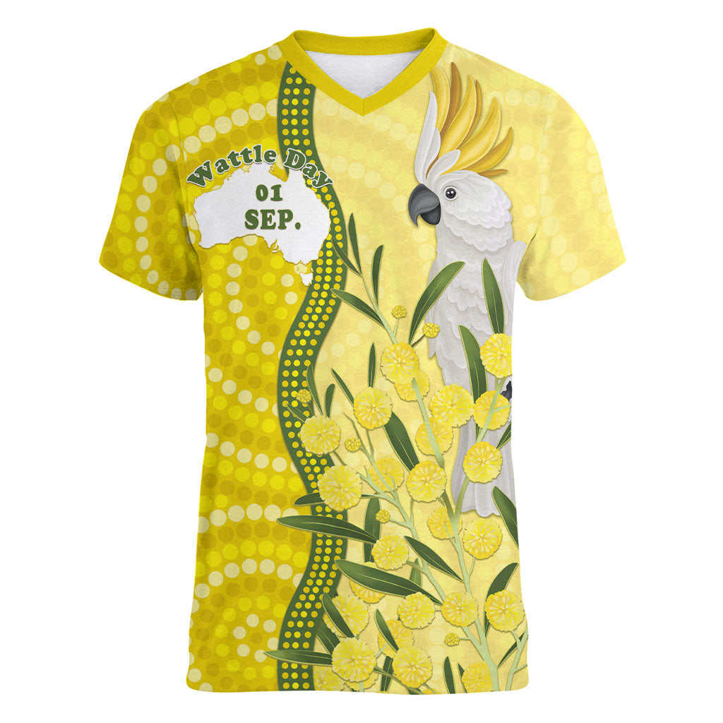 Australia Wattle Day Women V-Neck T-Shirt Sulphur-crested Cockatoo Aboriginal Pattern
