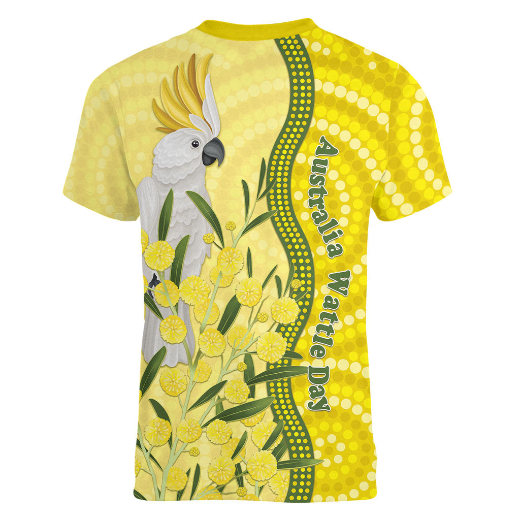 Australia Wattle Day Women V-Neck T-Shirt Sulphur-crested Cockatoo Aboriginal Pattern