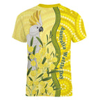 Australia Wattle Day Women V-Neck T-Shirt Sulphur-crested Cockatoo Aboriginal Pattern