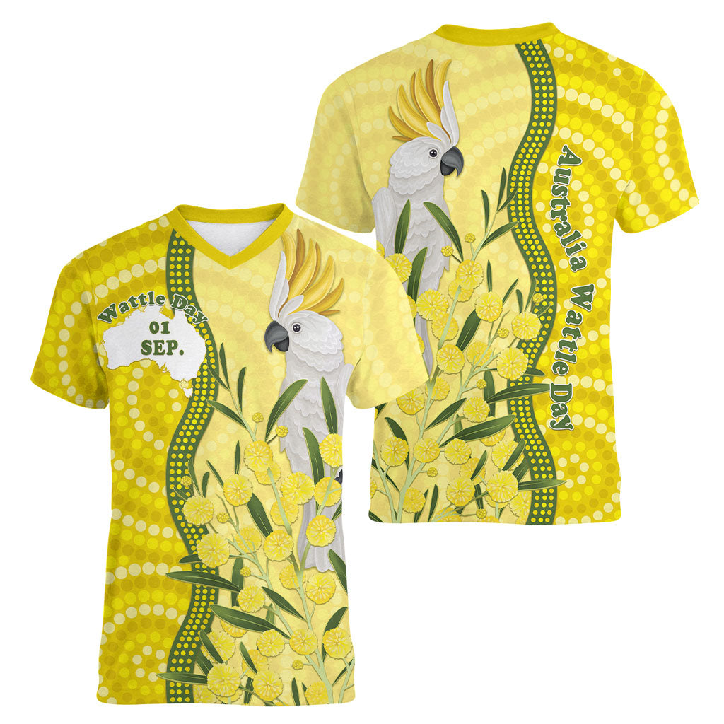 Australia Wattle Day Women V-Neck T-Shirt Sulphur-crested Cockatoo Aboriginal Pattern