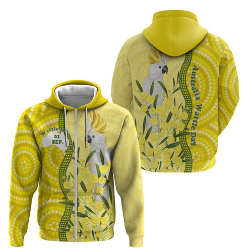 Australia Wattle Day Zip Hoodie Sulphur-crested Cockatoo Aboriginal Pattern