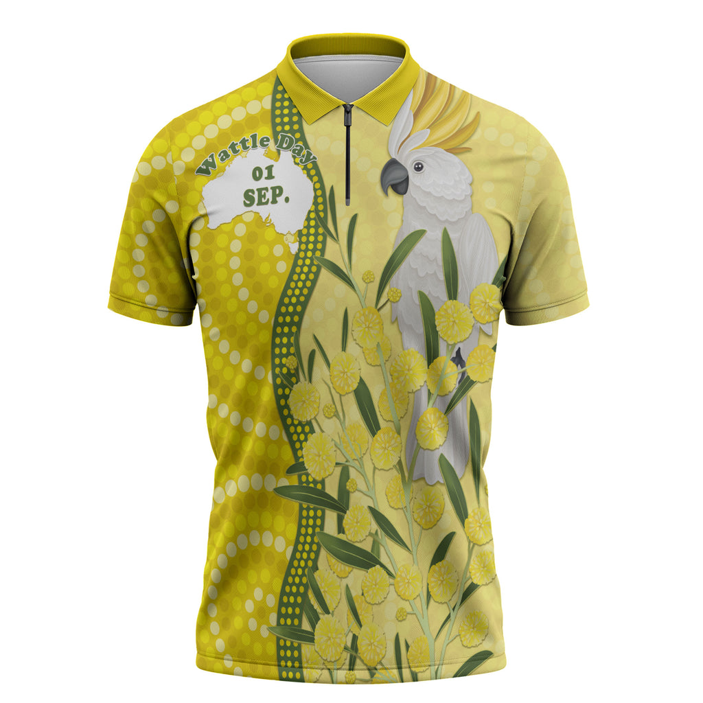 Australia Wattle Day Zipper Polo Shirt Sulphur-crested Cockatoo Aboriginal Pattern