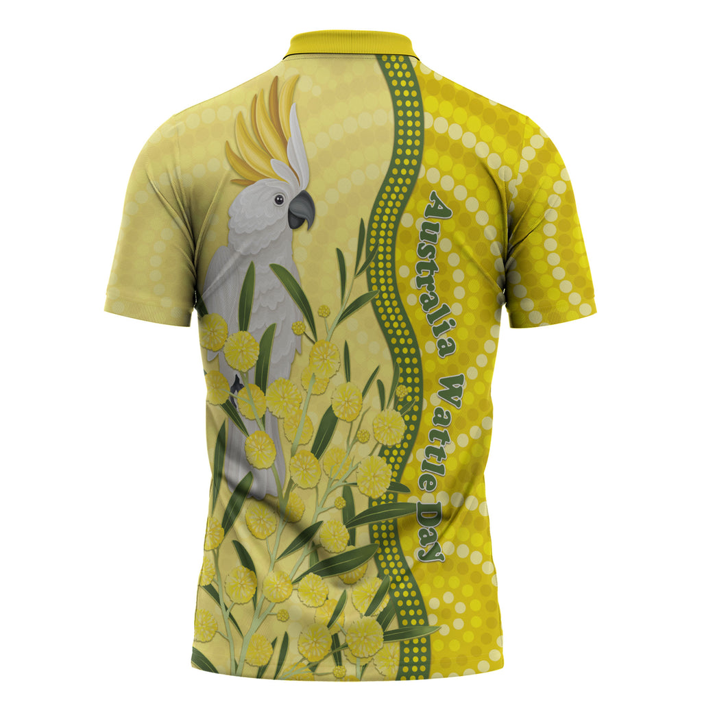 Australia Wattle Day Zipper Polo Shirt Sulphur-crested Cockatoo Aboriginal Pattern