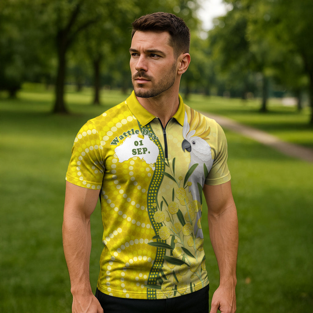 Australia Wattle Day Zipper Polo Shirt Sulphur-crested Cockatoo Aboriginal Pattern