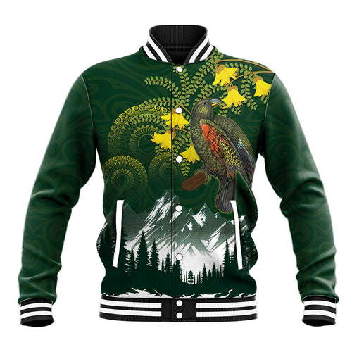 Kea Bird Kowhai New Zealand Baseball Jacket Mountain Landscape Maori Art