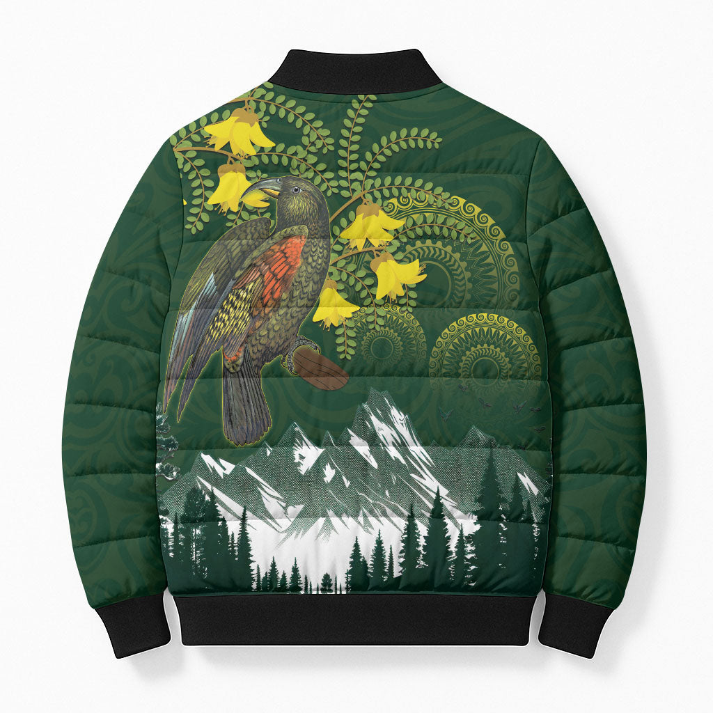 Kea Bird Kowhai New Zealand Bomber Puffer Jacket Mountain Landscape Maori Art