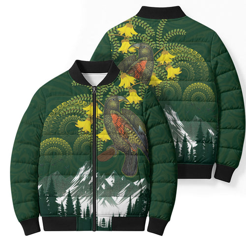 Kea Bird Kowhai New Zealand Bomber Puffer Jacket Mountain Landscape Maori Art
