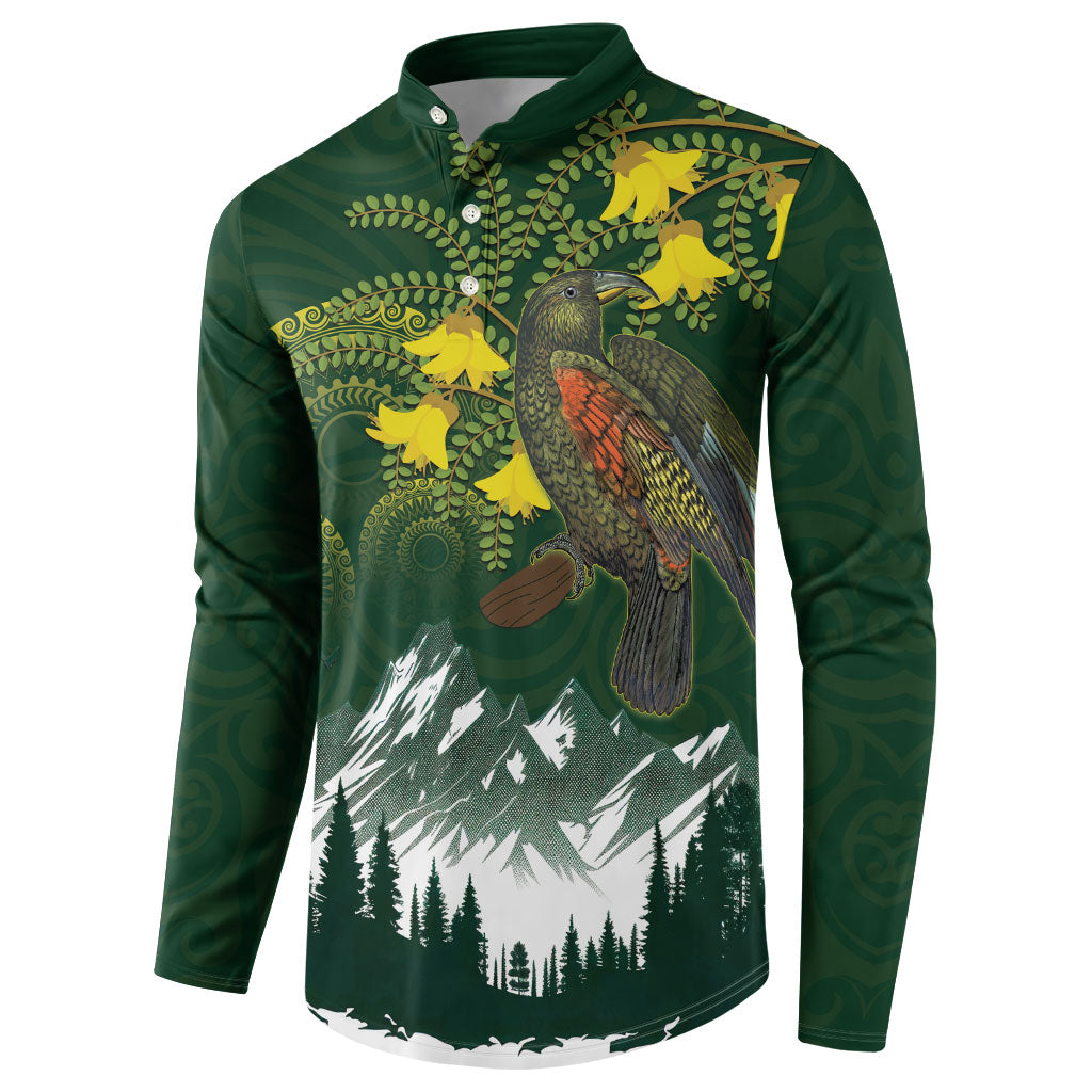 Kea Bird Kowhai New Zealand Button Sweatshirt Mountain Landscape Maori Art