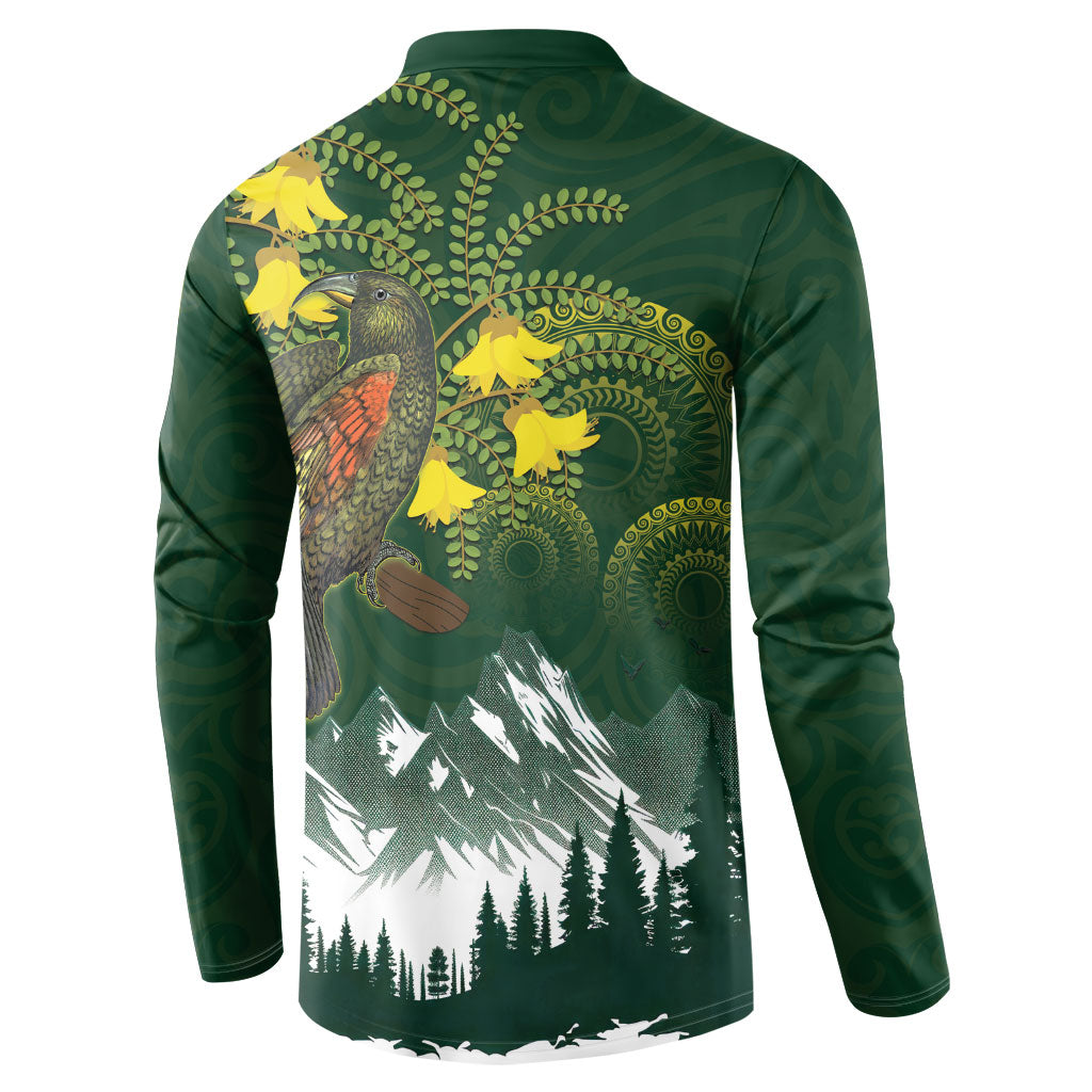 Kea Bird Kowhai New Zealand Button Sweatshirt Mountain Landscape Maori Art