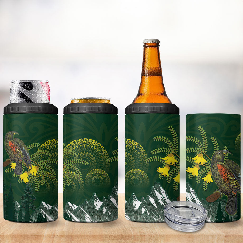 Kea Bird Kowhai New Zealand 4 in 1 Can Cooler Tumbler Mountain Landscape Maori Art