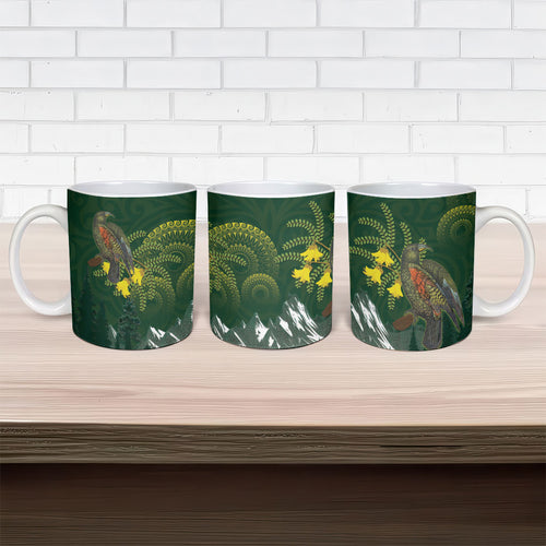Kea Bird Kowhai New Zealand Ceramic Mug Mountain Landscape Maori Art
