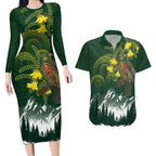 Kea Bird Kowhai New Zealand Couples Matching Long Sleeve Bodycon Dress and Hawaiian Shirt Mountain Landscape Maori Art
