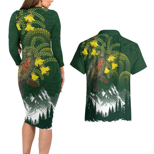 Kea Bird Kowhai New Zealand Couples Matching Long Sleeve Bodycon Dress and Hawaiian Shirt Mountain Landscape Maori Art