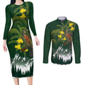 Kea Bird Kowhai New Zealand Couples Matching Long Sleeve Bodycon Dress and Long Sleeve Button Shirt Mountain Landscape Maori Art